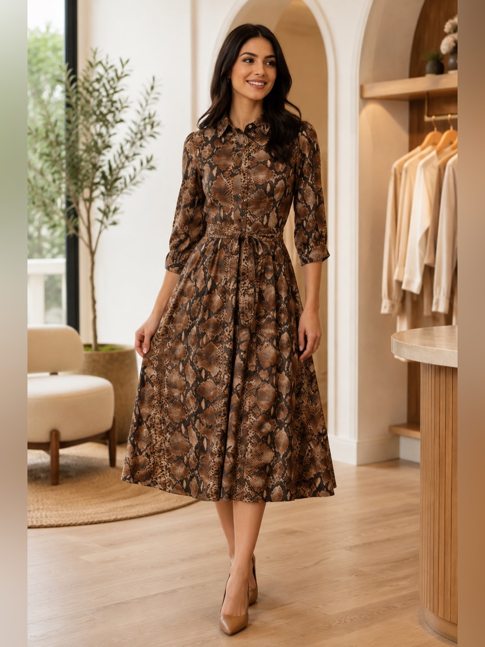 CAROLINE CONSTAS Python Print Brown Button Down Shirt Midi Dress Size L NEW